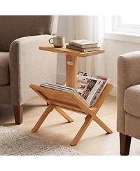 Slickblue Teak Wood 2-Tier Side Table with Built-In Magazine Rack