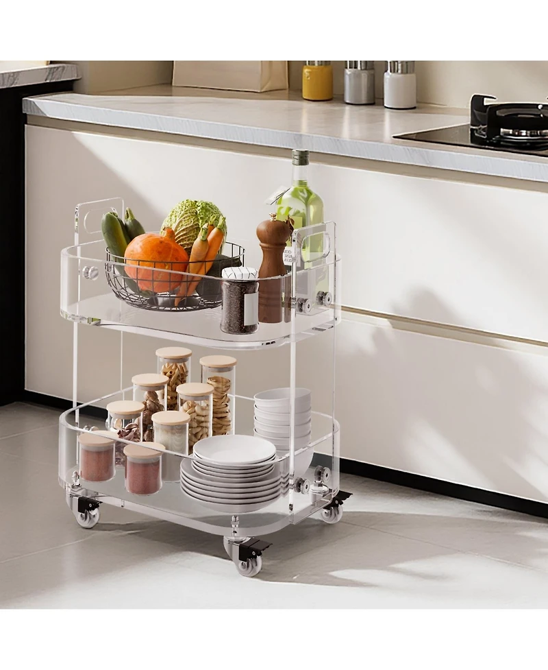 Sugift Acrylic Table with Wheels, 2-Tiers Mobile Rolling Cart, Modern Storage Desk