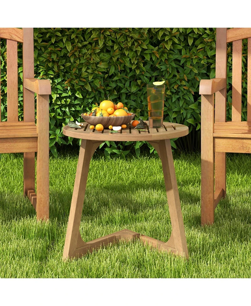 Sugift Round Teak Wood Side Table with Slatted Tabletop