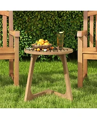 Sugift Round Teak Wood Side Table with Slatted Tabletop