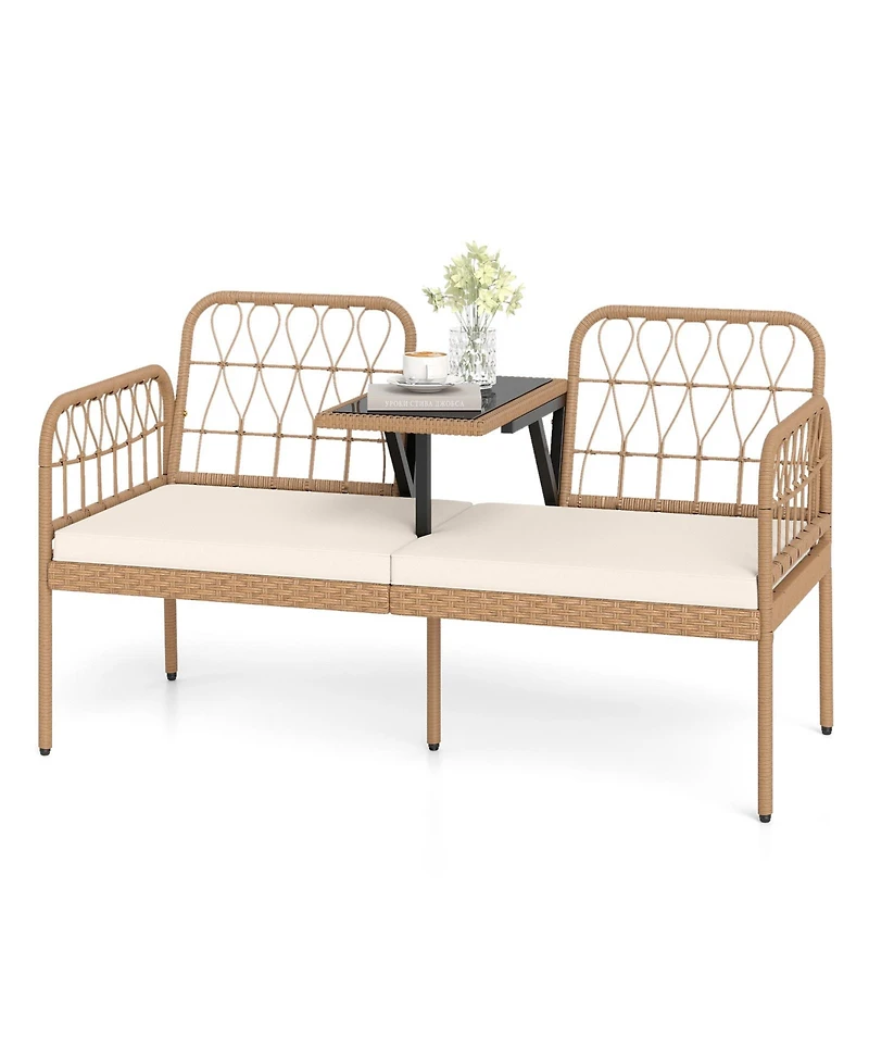 Sugift Outdoor Pe Rattan Loveseat with Built In Table and Cushions
