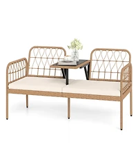 Sugift Outdoor Pe Rattan Loveseat with Built In Table and Cushions