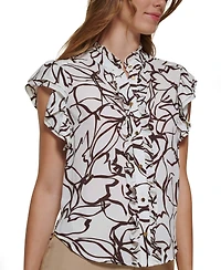 Dkny Petite Flutter Short-Sleeve Mock Neck Blouse