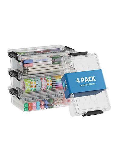 Gnuadz 4 Pack Plastic Pencil Case Clear Stackable Organizer Art Supply Storage Box Colorful