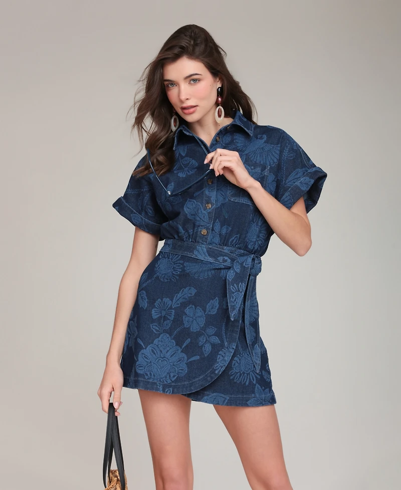 Avec Les Filles Women's Printed Denim Shirt Dress With Wrap Skirt