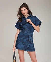 Avec Les Filles Women's Printed Denim Shirt Dress With Wrap Skirt