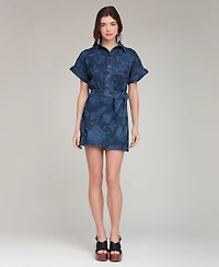 Avec Les Filles Women's Printed Denim Shirt Dress With Wrap Skirt