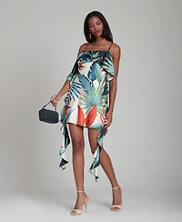 Avec Les Filles Women's Tropical Satin Asymmetric Drape Mini Dress