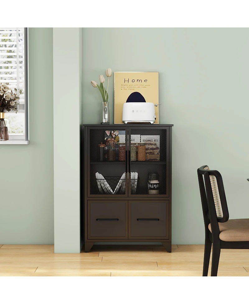 Rainsken Metal Storage Cabinet, Modern Sideboard Buffet Cabinet with 4 Iron Doors and Adjustable Shelf for Living Room and Kitchen