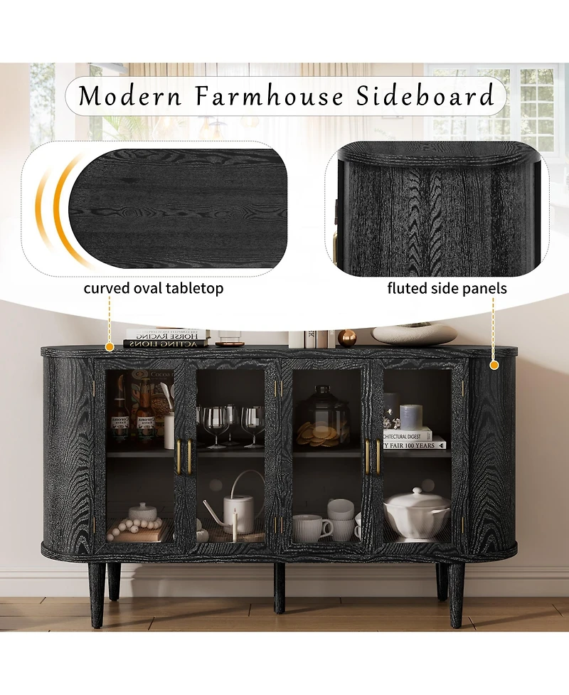 Rainsken Farmhouse Sideboard Cabinet, Wood Buffet Cabinet with Glass Doors, Adjustable Shelves and Cable Management for Dining Room, Living Room