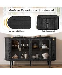 Rainsken Farmhouse Sideboard Cabinet, Wood Buffet Cabinet with Glass Doors, Adjustable Shelves and Cable Management for Dining Room, Living Room