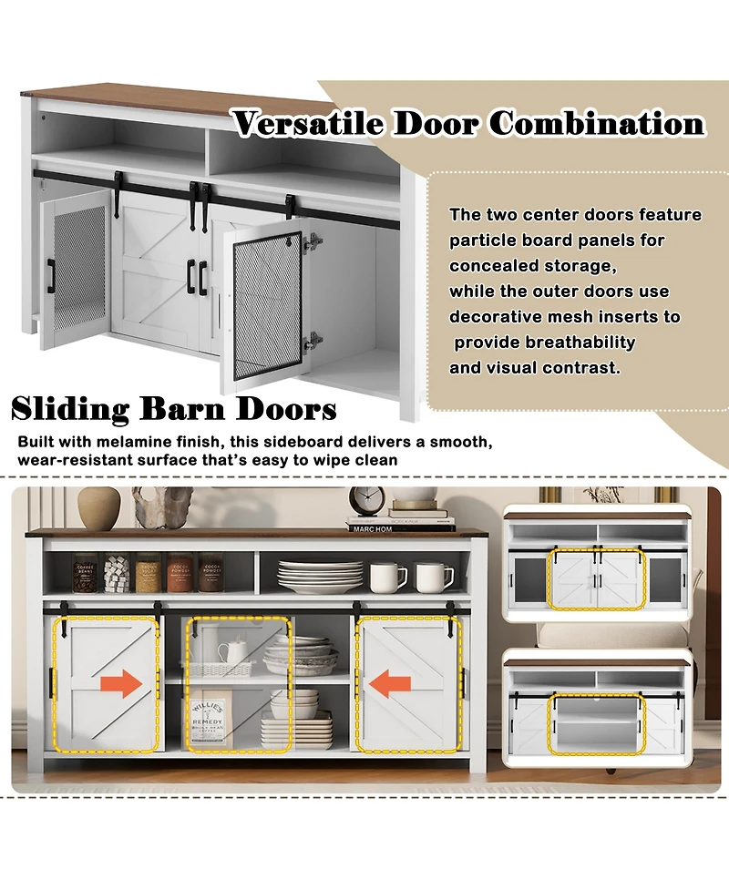 Rainsken Farmhouse Sideboard, Wood Buffet Cabinet with Open Storage, Sliding Barn Door and Mesh Panels for Living Room, Kitchen