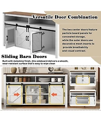 Rainsken Farmhouse Sideboard, Wood Buffet Cabinet with Open Storage, Sliding Barn Door and Mesh Panels for Living Room, Kitchen