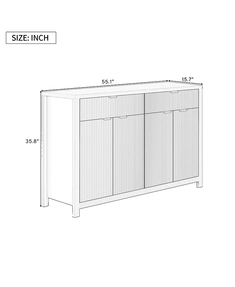 Rainsken Modern Fluted Sideboard Cabinet, Wood Storage Buffet Console with 2 Drawers, 4 Doors and Adjustable Shelves for Living Room