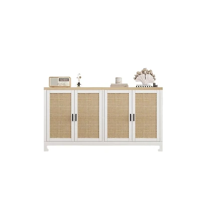 gaomon Farmhouse Rattan Buffet Cabinet with Four Doors and Adjustable Shelves