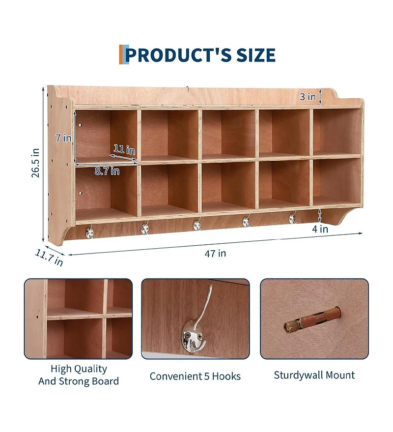 Gaomon Wall Mounted Cubby Storage Organizer with Hooks for Daycare