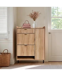homfan Oak Wavy Shoe Cabinet with 2 Flip Drawers and 2 Small Drawers, Metal Legs, 9.45 in Deep Slim Entryway Storage Organizer