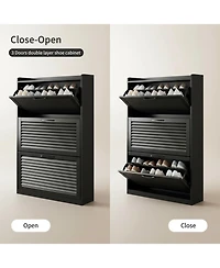 Yigii Shoe Storage Cabinet 2 Flip Louvered Doors Freestanding Organizer Metal Entryway Narrow Rack Large Capacity