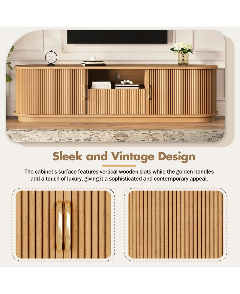 Rainsken Fluted Tv Stand for TVs up to 75", Farmhouse Media Console Entertainment Center with Sliding Wood Slatted Doors and Drawer for Living Room