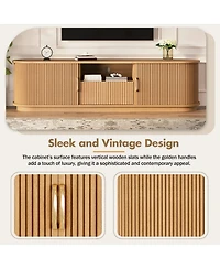 Rainsken Fluted Tv Stand for TVs up to 75", Farmhouse Media Console Entertainment Center with Sliding Wood Slatted Doors and Drawer for Living Room