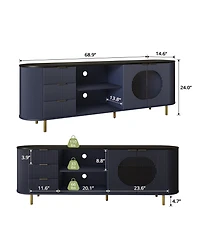 Rainsken 69" Curved Media Console for TVs Up to 80", Modern Entertainment Center with Wavy Acrylic Doors and Spacious Storage for Living Room