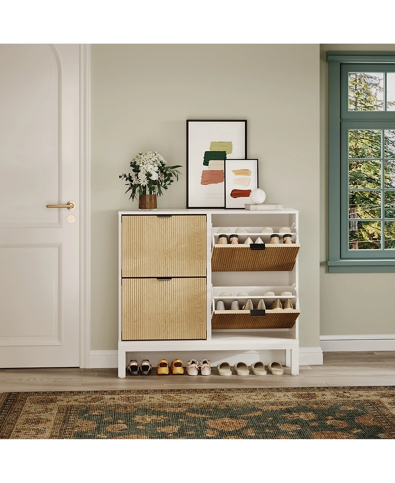 homfan Fluted Shoe Cabinet with 4 Flip Drawers, White and Oak, Slim Entryway Storage with Metal Legs