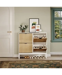 homfan Fluted Shoe Cabinet with 4 Flip Drawers, White and Oak, Slim Entryway Storage with Metal Legs