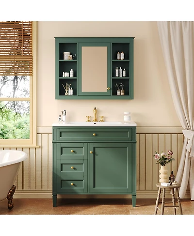Sillysis 36" Bathroom Vanity with Sink and Mirror, Modern Freestanding Solid Wood Mdf Cabinet, 3 Drawers 2 Doors for Large Storage