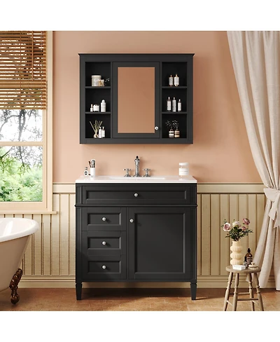 Sillysis 36" Bathroom Vanity with Sink and Mirror, Modern Freestanding Solid Wood Mdf Cabinet, 3 Drawers 2 Doors for Large Storage