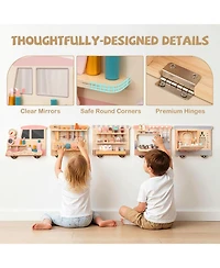 Mecale Wooden Sensory Wall Panel with Vanity & Toolbox, Fun Interactive Play for Kids