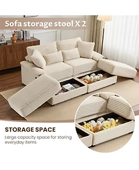 Streamdale Furniture Double Chaise Lounge Set with Reversible Ottoman - Soft Corduroy Fabric