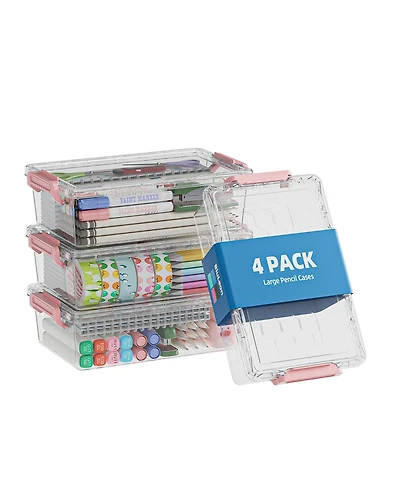 Gnuadz 4 Pack Plastic Pencil Case Clear Stackable Organizer Art Supply Storage Box Colorful