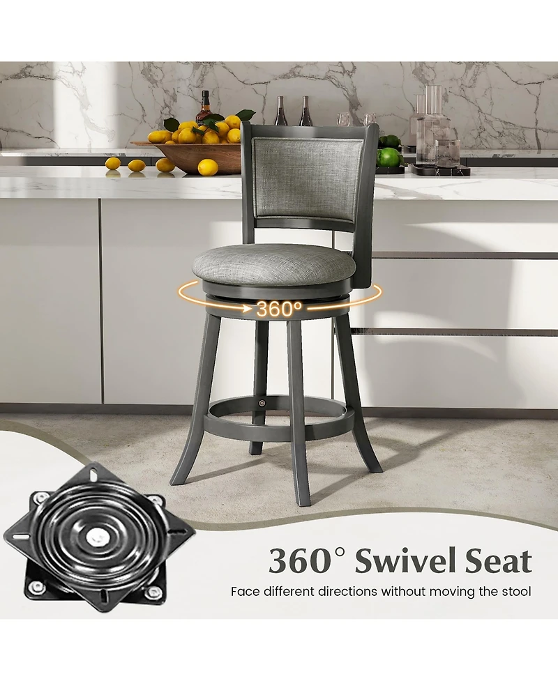 Gymax Swivel Bar Stools Set of 2 w/ Soft-padded Back and Seat Sturdy Wooden Frame