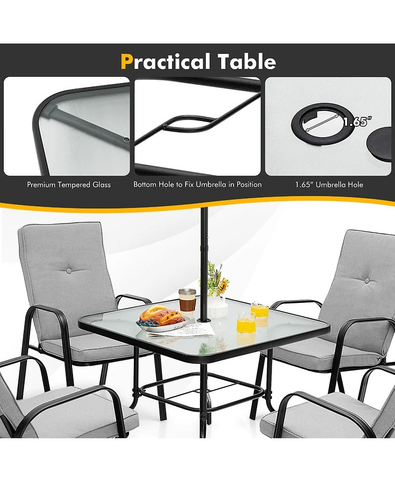 Gymax 35'' Patio Dining Square Tempered Glass Table w/ Umbrella Hole Backyard