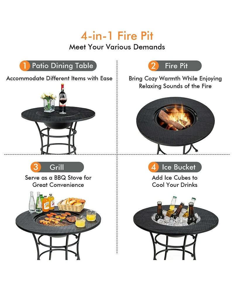 Gymax 31.5'' Patio Fire Pit Dining Table Charcoal Wood Burning W/ Cooking Bbq Grate