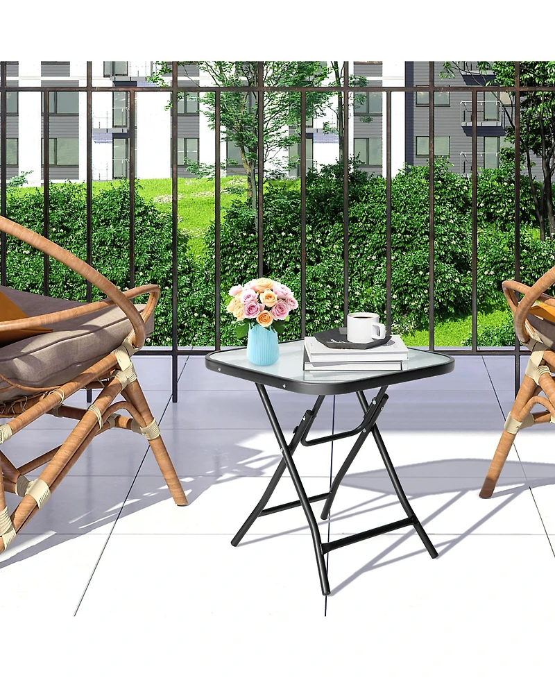 Gymax 18'' Foldable Patio Side Table Square Coffee Bistro Table w/ Tempered Glass Table Top