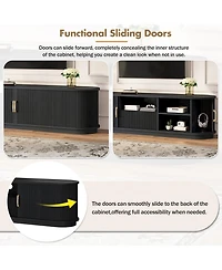 Rainsken Farmhouse Fluted Tv Stand, Media Console with Sliding Wood Slatted Doors and Drawer, Suitable for TVs Up to 75" in Living Room