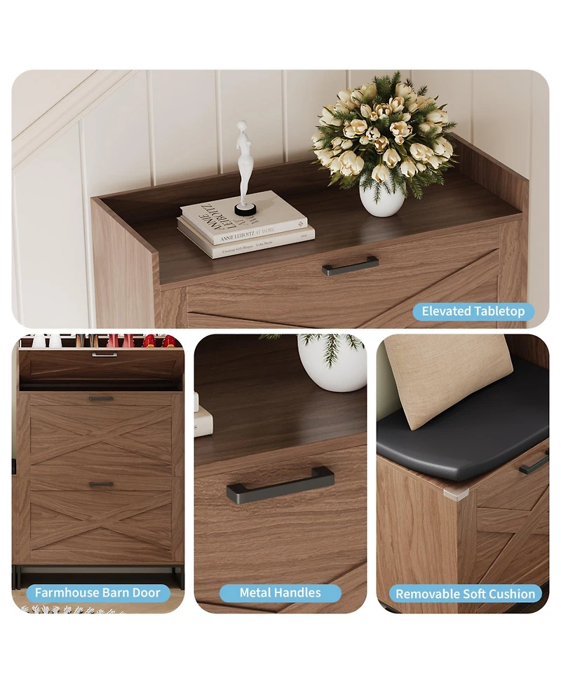 homfan Farmhouse Shoe Cabinet with 4 Flip Drawers and Upholstered Bench, Walnut Entryway Storage