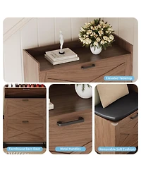 homfan Farmhouse Shoe Cabinet with 4 Flip Drawers and Upholstered Bench, Walnut Entryway Storage