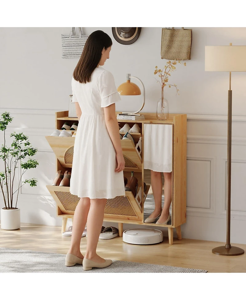 homfan Rattan Shoe Cabinet with Mirror, 2 Flip Drawers and Side Door, Entryway Storage
