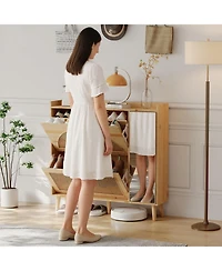 homfan Rattan Shoe Cabinet with Mirror, 2 Flip Drawers and Side Door, Entryway Storage