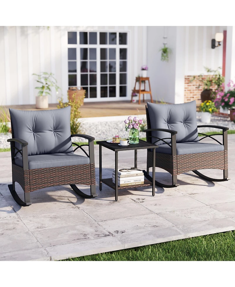 Gouun 3-Piece Outdoor Rocking Wicker Bistro Set with Acacia Wood Table