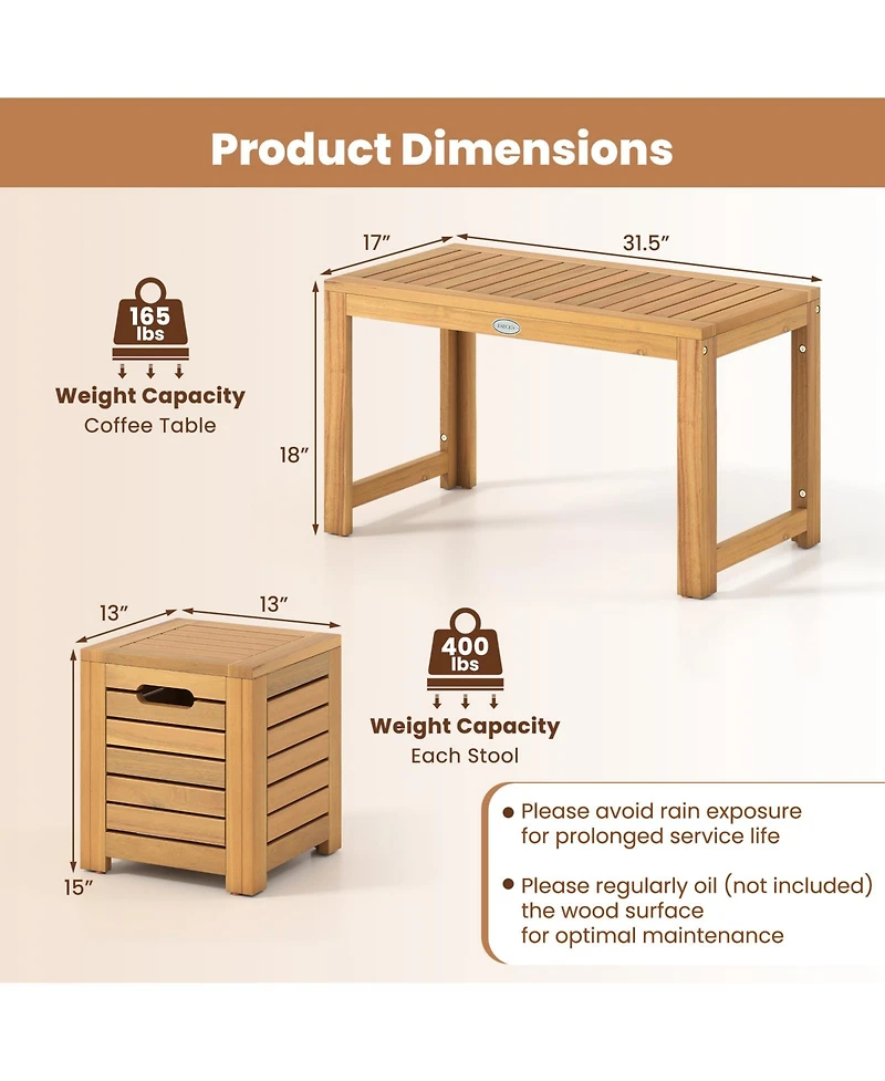 Gouun 3-Piece Acacia Wood Outdoor Coffee Table and Stool Set with Storage