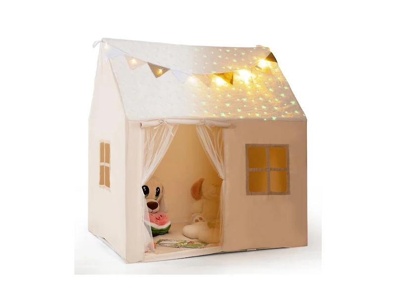 Hongge Kids Play Tent Large Playhouse with Glow in the Dark Stars and Mat-Beige