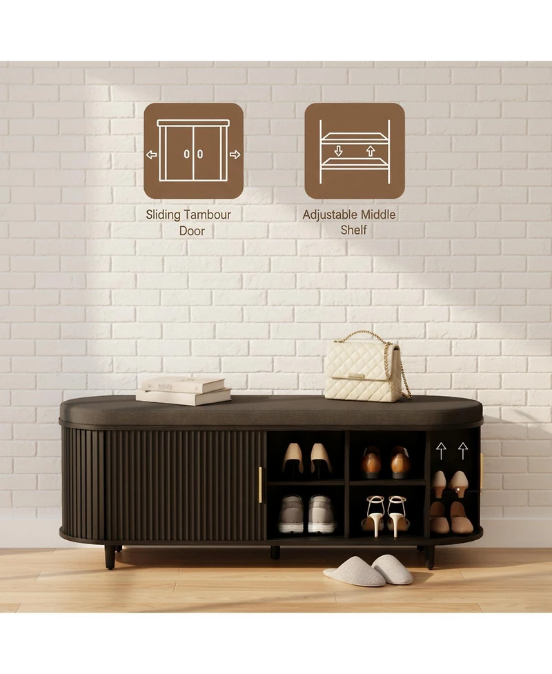 Yigii 2-Tier Storage Shoe Bench Thickened Padded Seat Mid Century Modern Fluted Sliding Door Adjustable Shelf