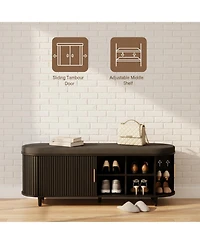 Yigii 2-Tier Storage Shoe Bench Thickened Padded Seat Mid Century Modern Fluted Sliding Door Adjustable Shelf