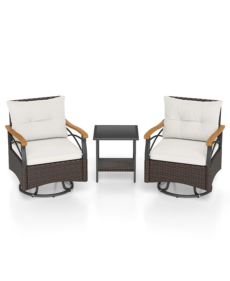 Gouun 3-Piece Outdoor Swivel Wicker Chair Set with Tempered Glass Side Table