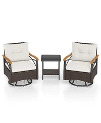 Gouun 3-Piece Outdoor Swivel Wicker Chair Set with Tempered Glass Side Table