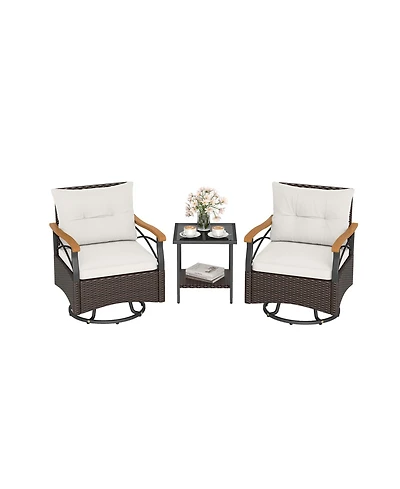 Gouun 3-Piece Outdoor Swivel Wicker Chair Set with Tempered Glass Side Table