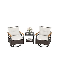 Gouun 3-Piece Outdoor Swivel Wicker Chair Set with Tempered Glass Side Table